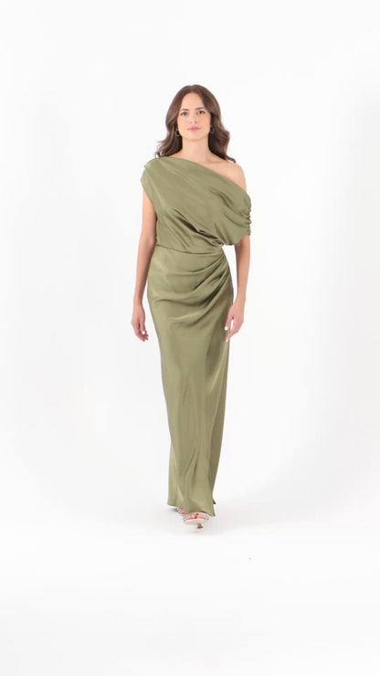Betsy & Adam “Hailey” Double Faced Satin Off The Shoulder Ruched Dress - Olive