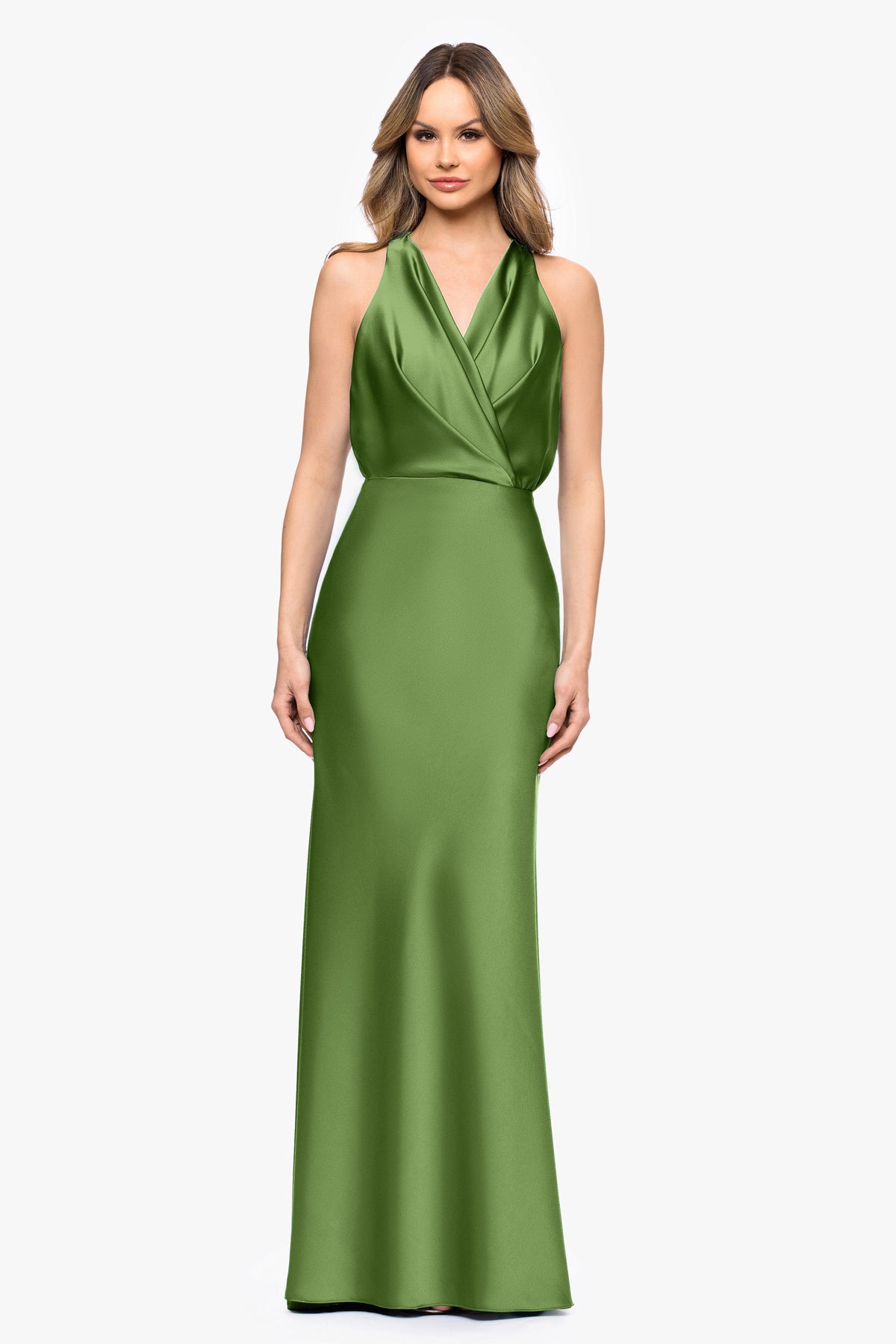 Betsy & Adam Petite "Zoella" Satin V-Neck Dress - Moss