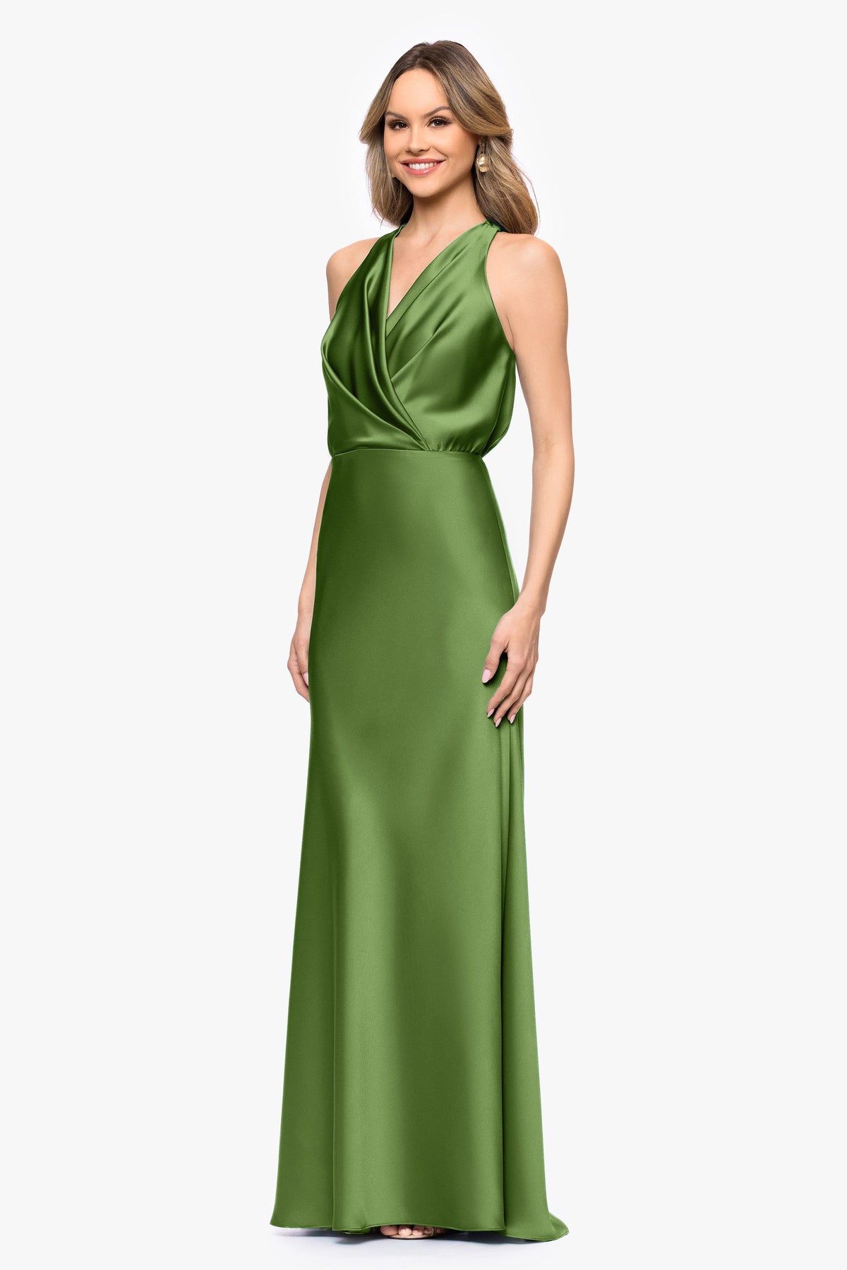 Betsy & Adam Petite "Zoella" Satin V-Neck Dress - Moss