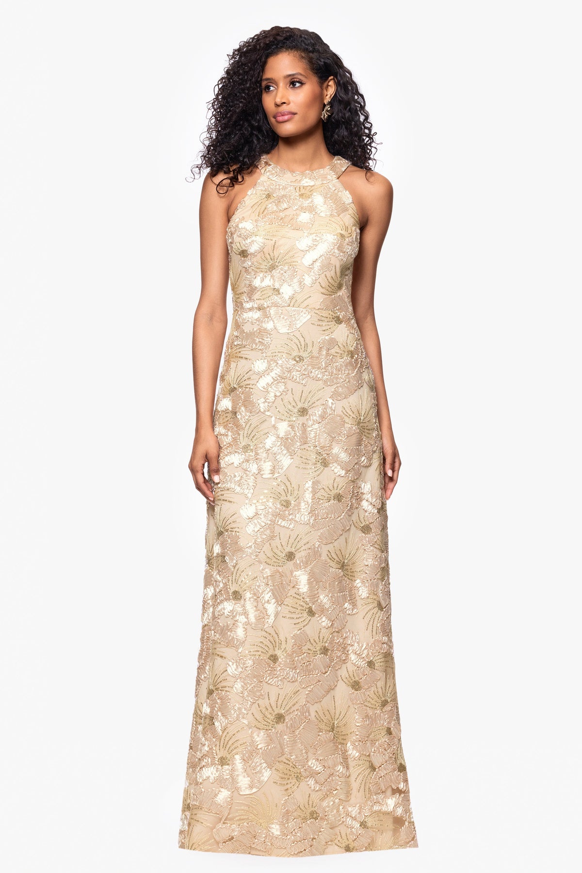 Betsy & Adam Petite "Fabiana" Soutache Sequin Halter Neck Dress - Champagne