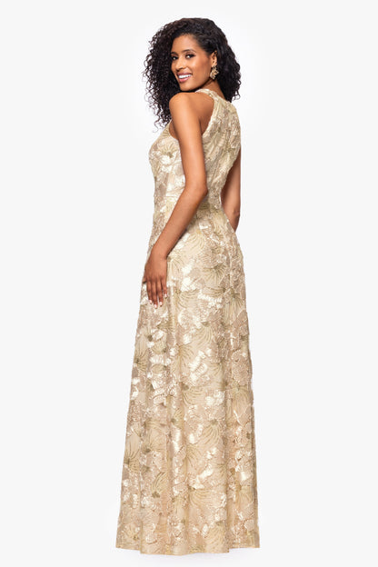 Betsy & Adam Petite "Fabiana" Soutache Sequin Halter Neck Dress - Champagne