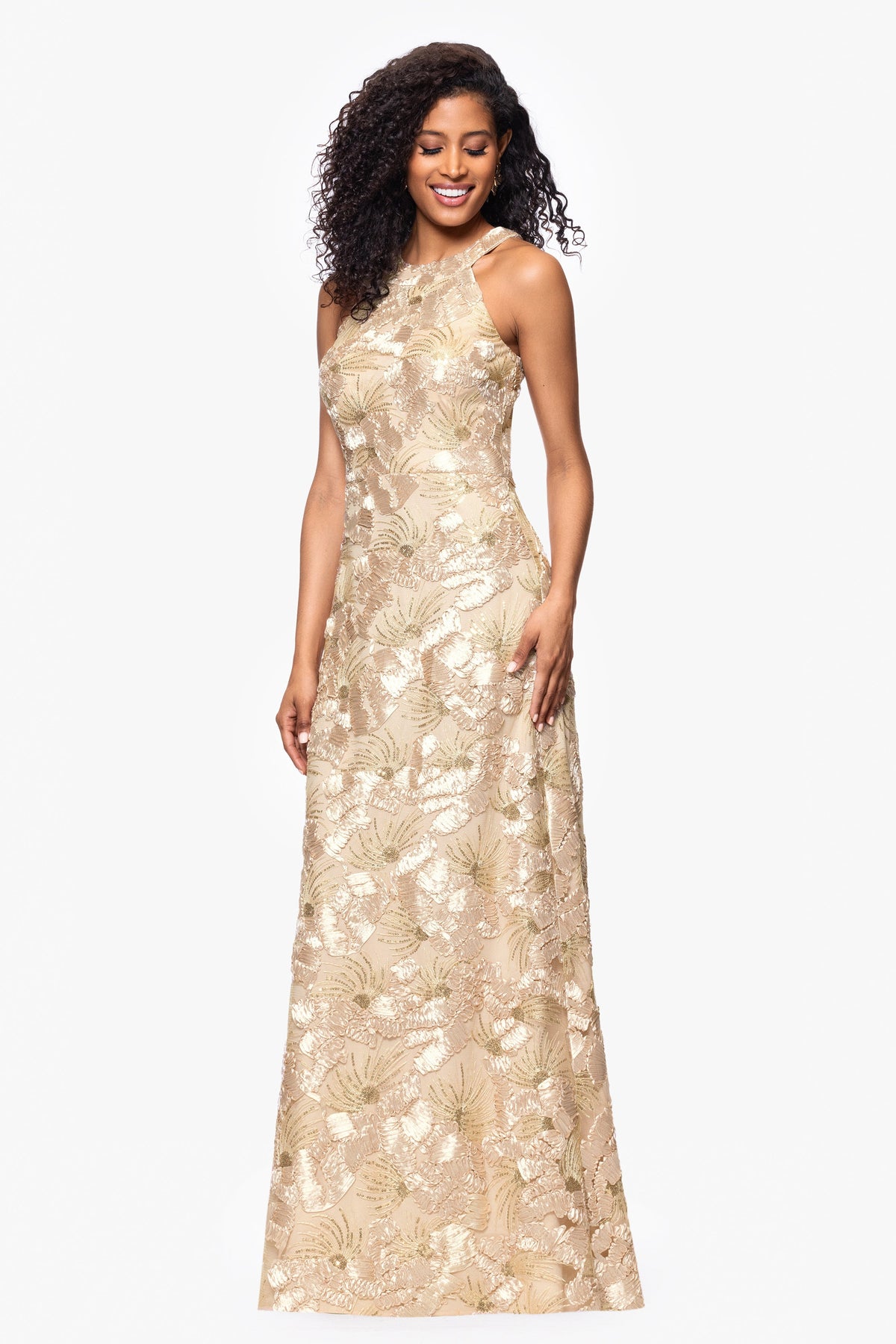 Betsy & Adam Petite "Fabiana" Soutache Sequin Halter Neck Dress - Champagne
