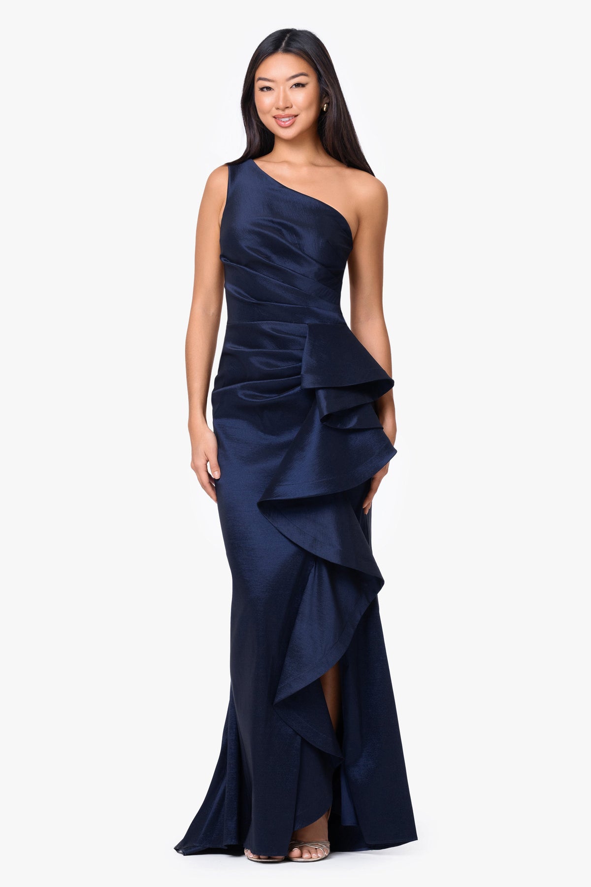 Betsy & Adam "Evangeline" Taffeta One Shoulder Dress - Navy