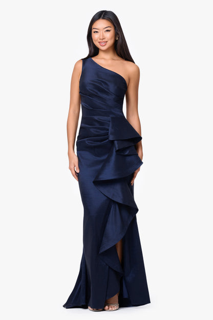 Betsy & Adam "Evangeline" Taffeta One Shoulder Dress - Navy