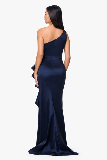 Betsy & Adam "Evangeline" Taffeta One Shoulder Dress - Navy