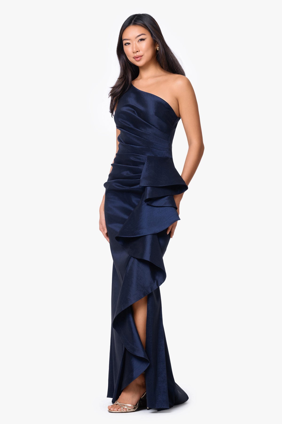 Betsy & Adam "Evangeline" Taffeta One Shoulder Dress - Navy