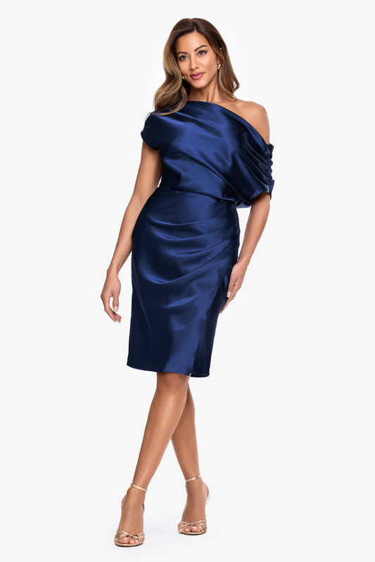 Betsy & Adam "Macy" Satin Off The Shoulder Ruched Short Dress - Navy