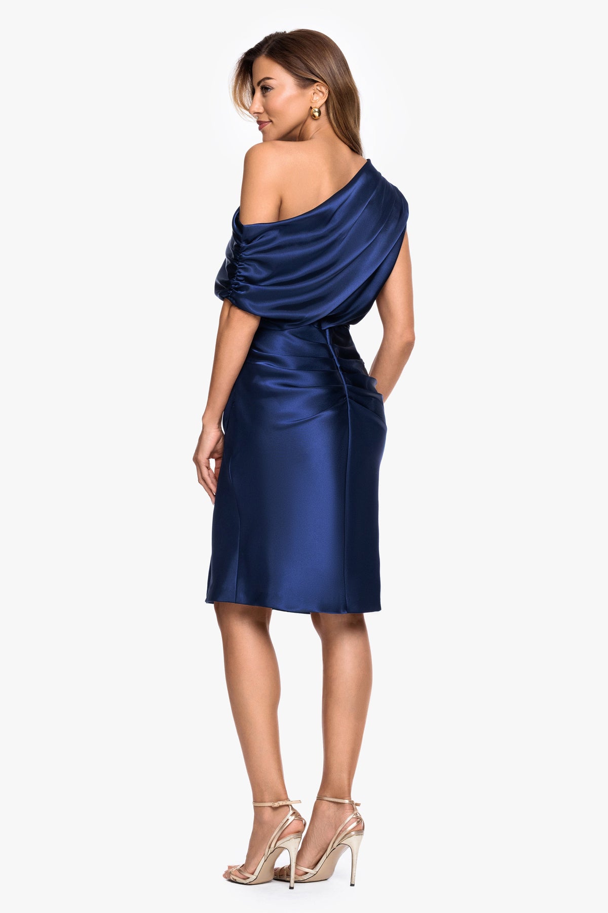 Betsy & Adam "Macy" Satin Off The Shoulder Ruched Short Dress - Navy