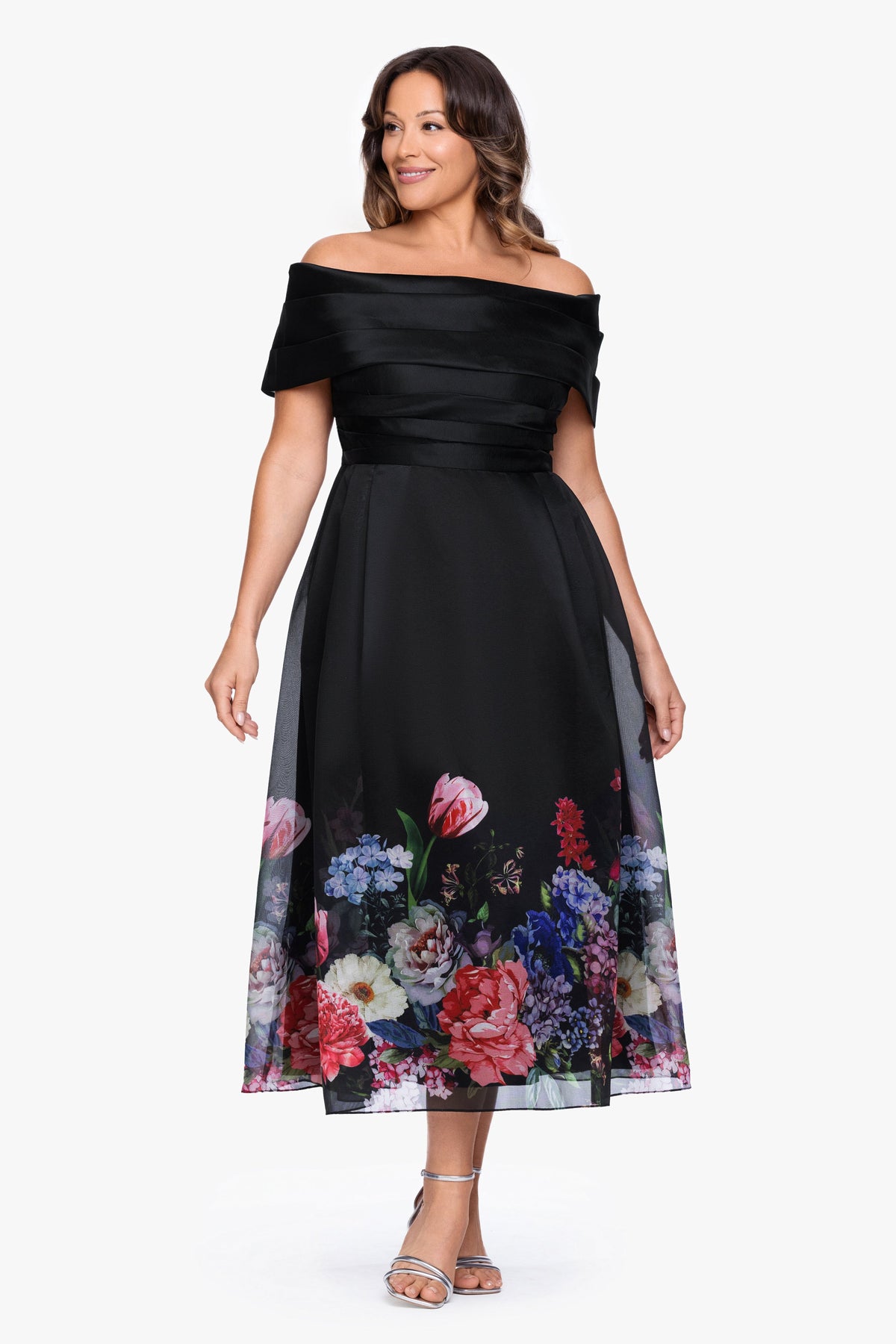 Betsy & Adam Plus "Tabitha" Organza Print Off the Shoulder Midi Dress - Black/Red