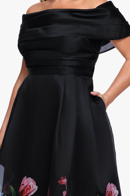 Betsy & Adam Plus "Tabitha" Organza Print Off the Shoulder Midi Dress - Black/Red