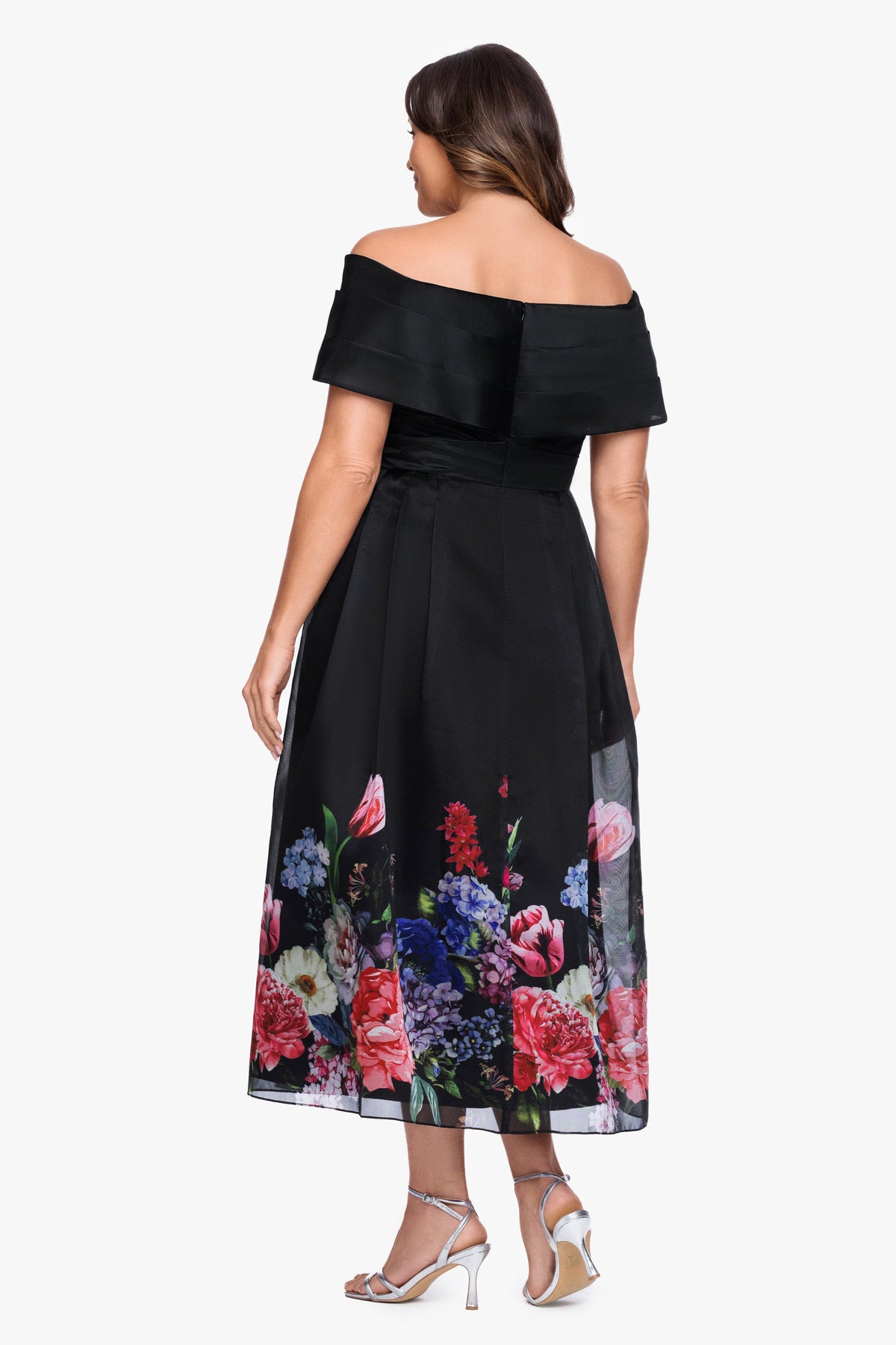 Betsy & Adam Plus "Tabitha" Organza Print Off the Shoulder Midi Dress - Black/Red