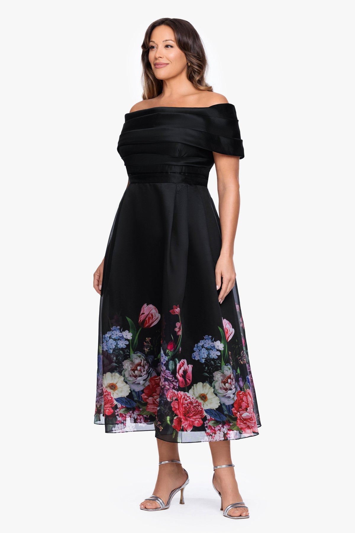 Betsy & Adam Plus "Tabitha" Organza Print Off the Shoulder Midi Dress - Black/Red