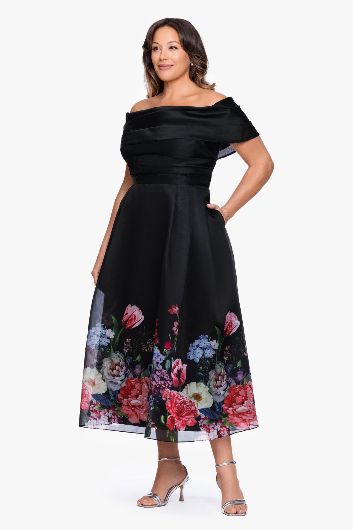 Betsy & Adam Plus "Tabitha" Organza Print Off the Shoulder Midi Dress - Black/Red
