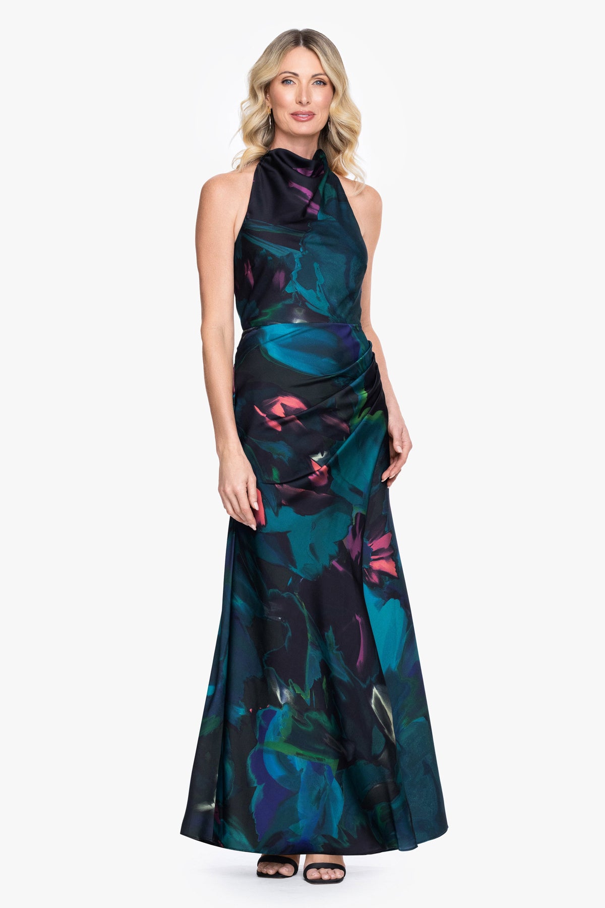 Betsy & Adam Petite "River" Printed Satin Halter Dress - Teal/Multi