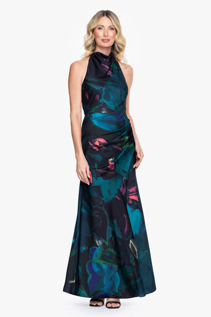 Betsy & Adam Petite "River" Printed Satin Halter Dress - Teal/Multi