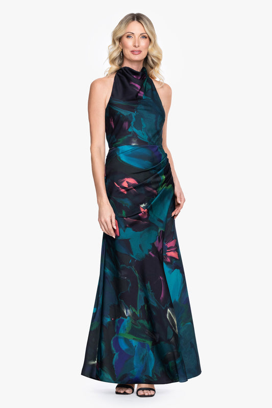 Betsy & Adam Petite "River" Printed Satin Halter Dress - Teal/Multi
