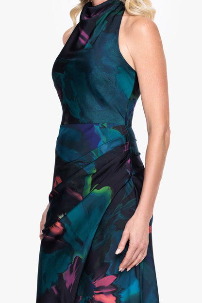 Betsy & Adam Petite "River" Printed Satin Halter Dress - Teal/Multi