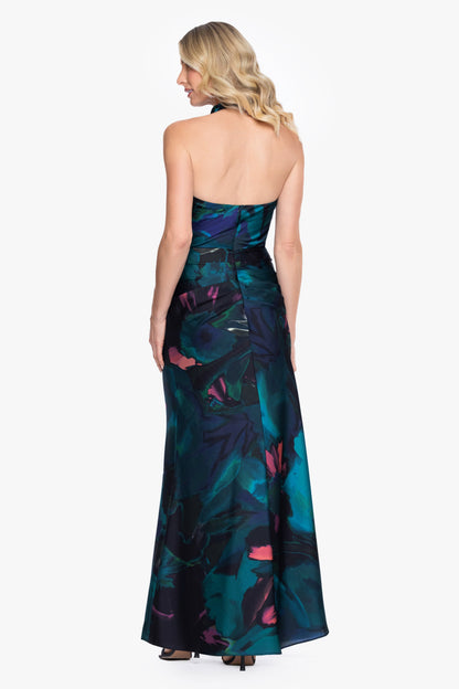 Betsy & Adam Petite "River" Printed Satin Halter Dress - Teal/Multi