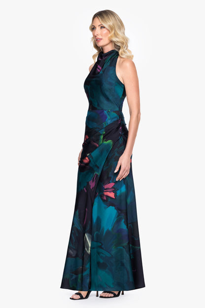 Betsy & Adam Petite "River" Printed Satin Halter Dress - Teal/Multi