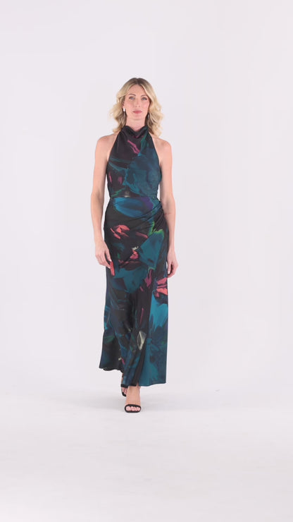 Betsy & Adam Petite "River" Printed Satin Halter Dress - Teal/Multi