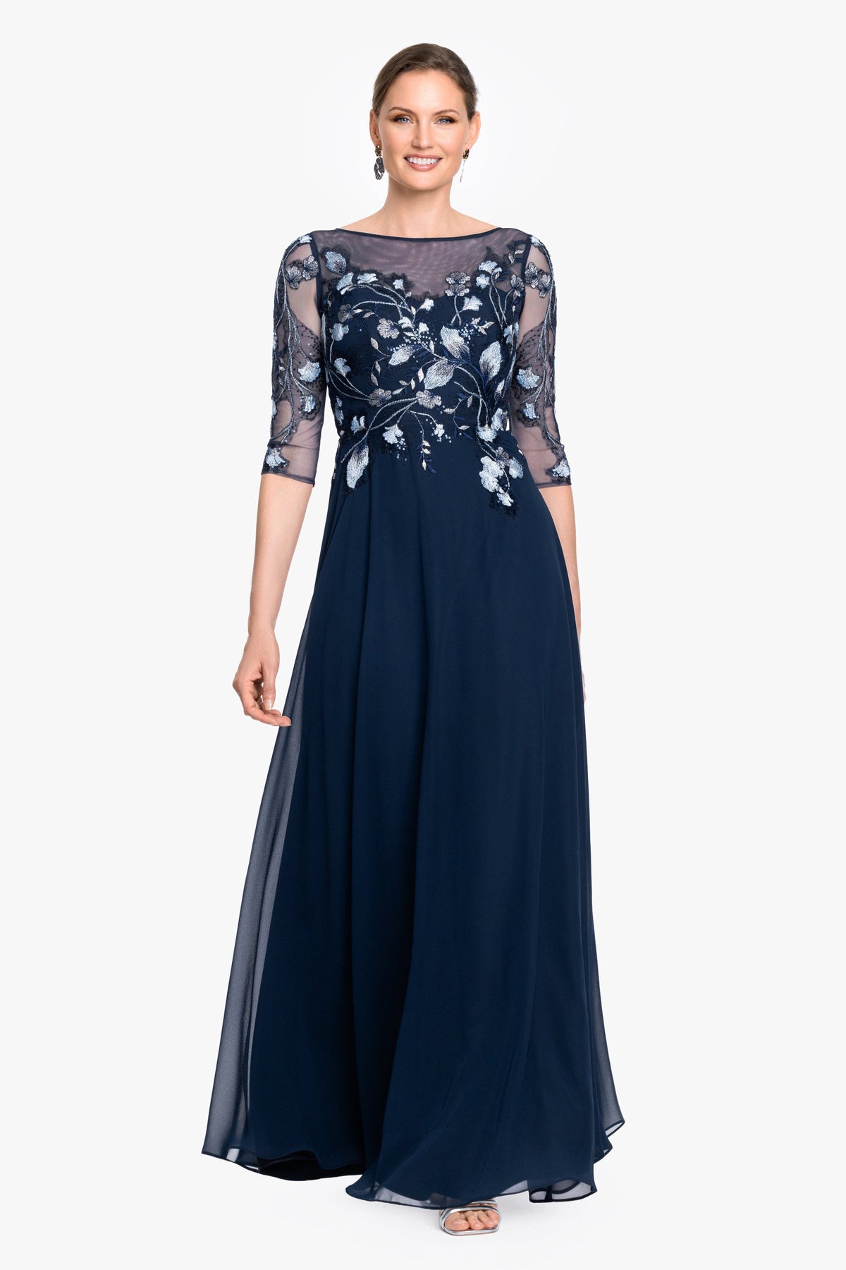 Betsy & Adam Petite "Isabella" Embroidered Chiffon Long Sleeve Dress - Blue/Multi
