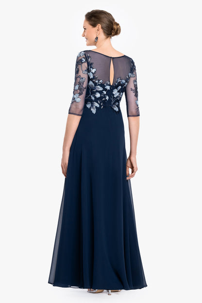 Betsy & Adam Petite "Isabella" Embroidered Chiffon Long Sleeve Dress - Blue/Multi
