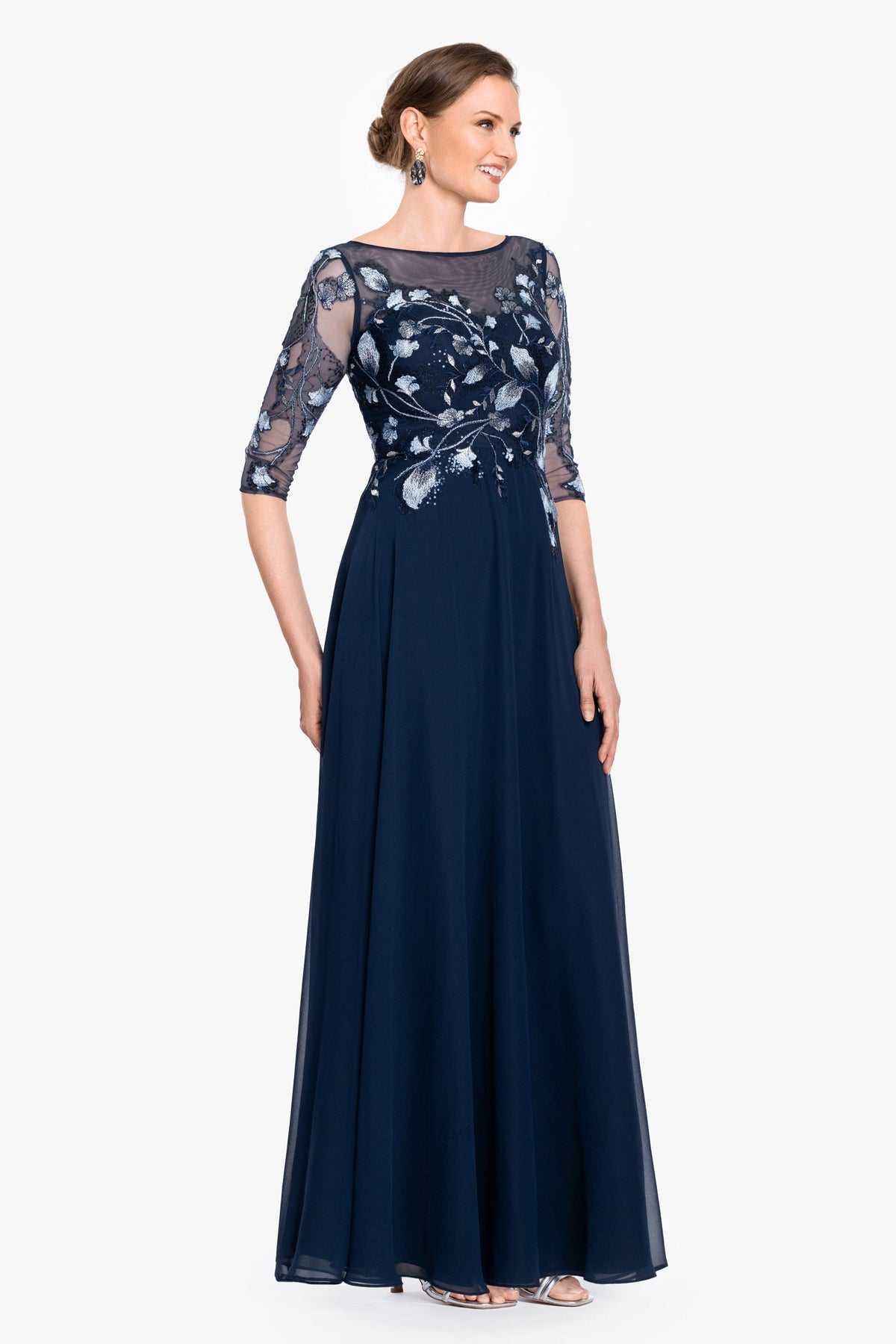 Betsy & Adam Petite "Isabella" Embroidered Chiffon Long Sleeve Dress - Blue/Multi