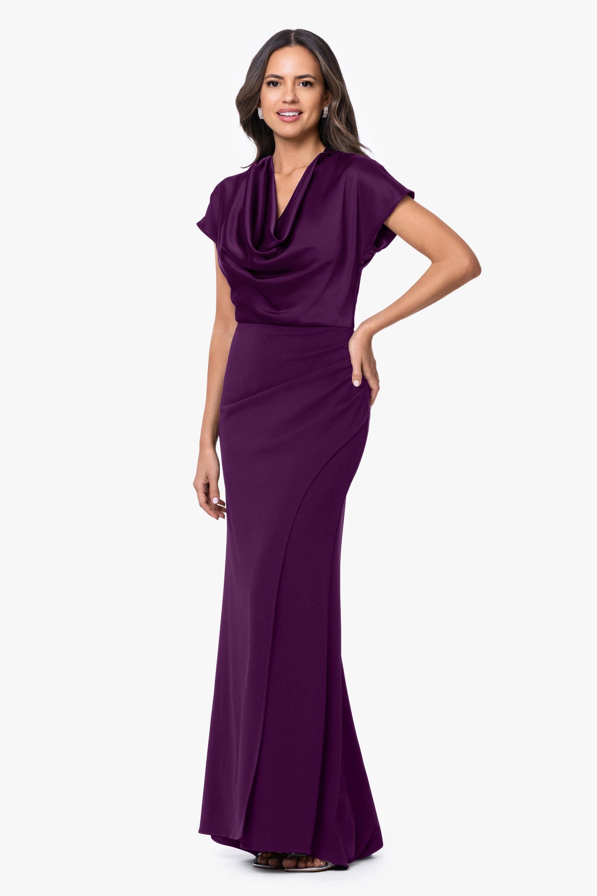 Betsy & Adam "Rinna" Scuba Crepe & Satin Cowl Neck Dress - Plum
