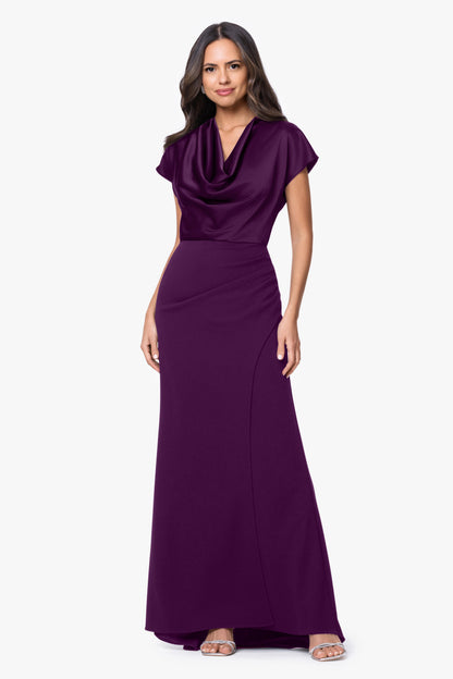 Betsy & Adam "Rinna" Scuba Crepe & Satin Cowl Neck Dress - Plum