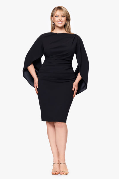 Betsy & Adam Plus "Jordan" Scuba Crepe Draped Back Short Dress - Black