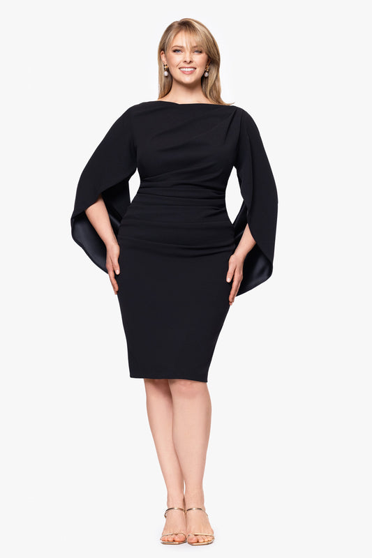 Betsy & Adam Plus "Jordan" Scuba Crepe Draped Back Short Dress - Black