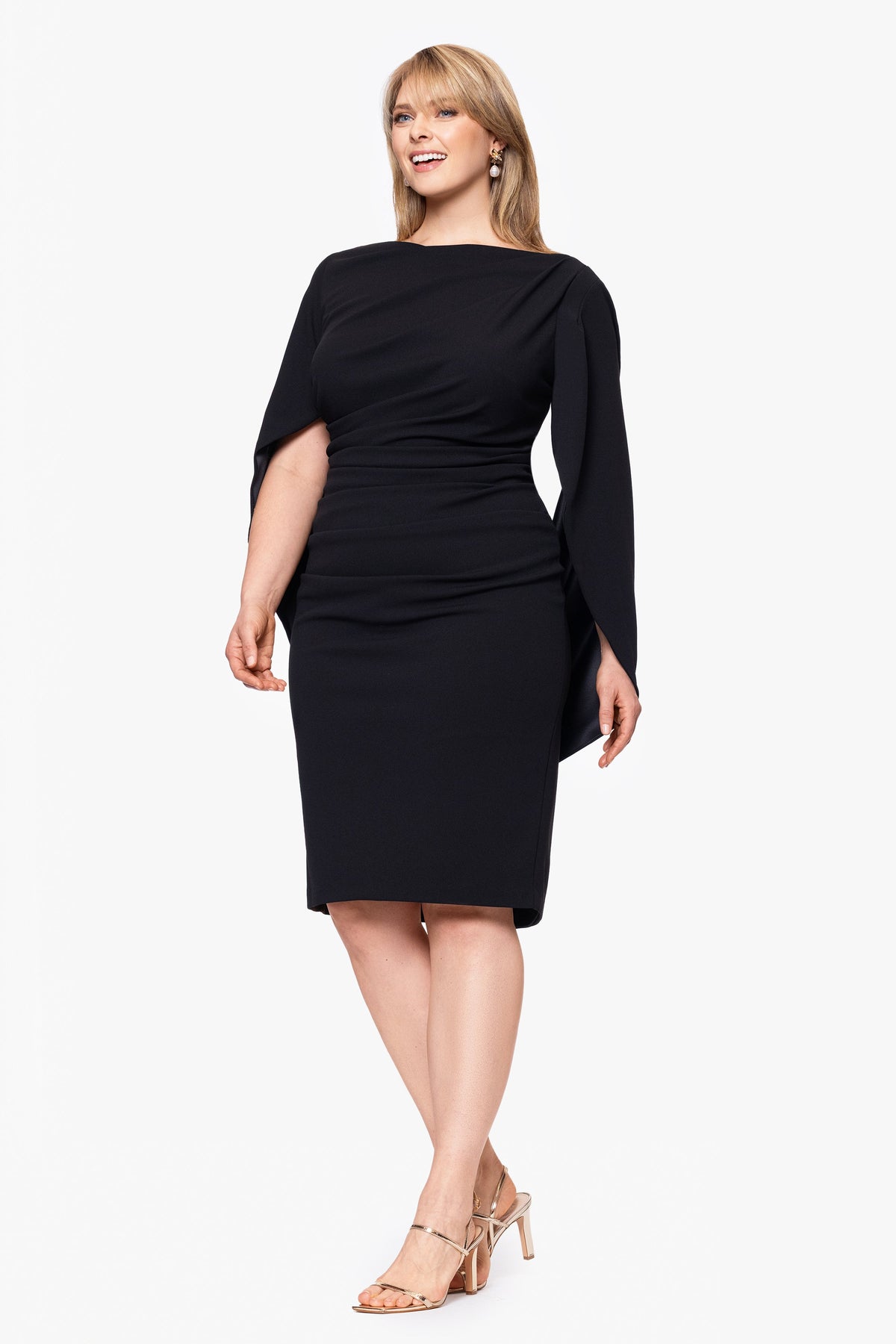 Betsy & Adam Plus "Jordan" Scuba Crepe Draped Back Short Dress - Black