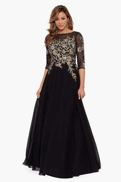 Betsy & Adam "Brooklyn" Chiffon Embroidery 3/4 Sleeve Dress - Black/Gold