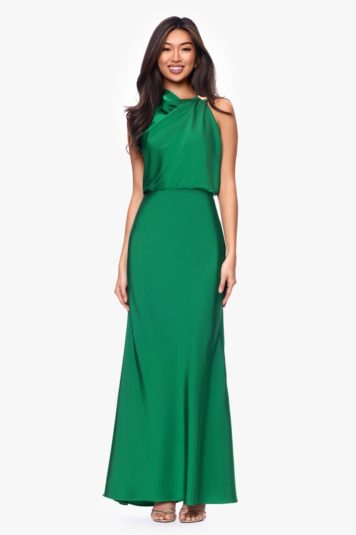 Betsy & Adam "Colette" Satin Ruched Trim Dress - Emerald