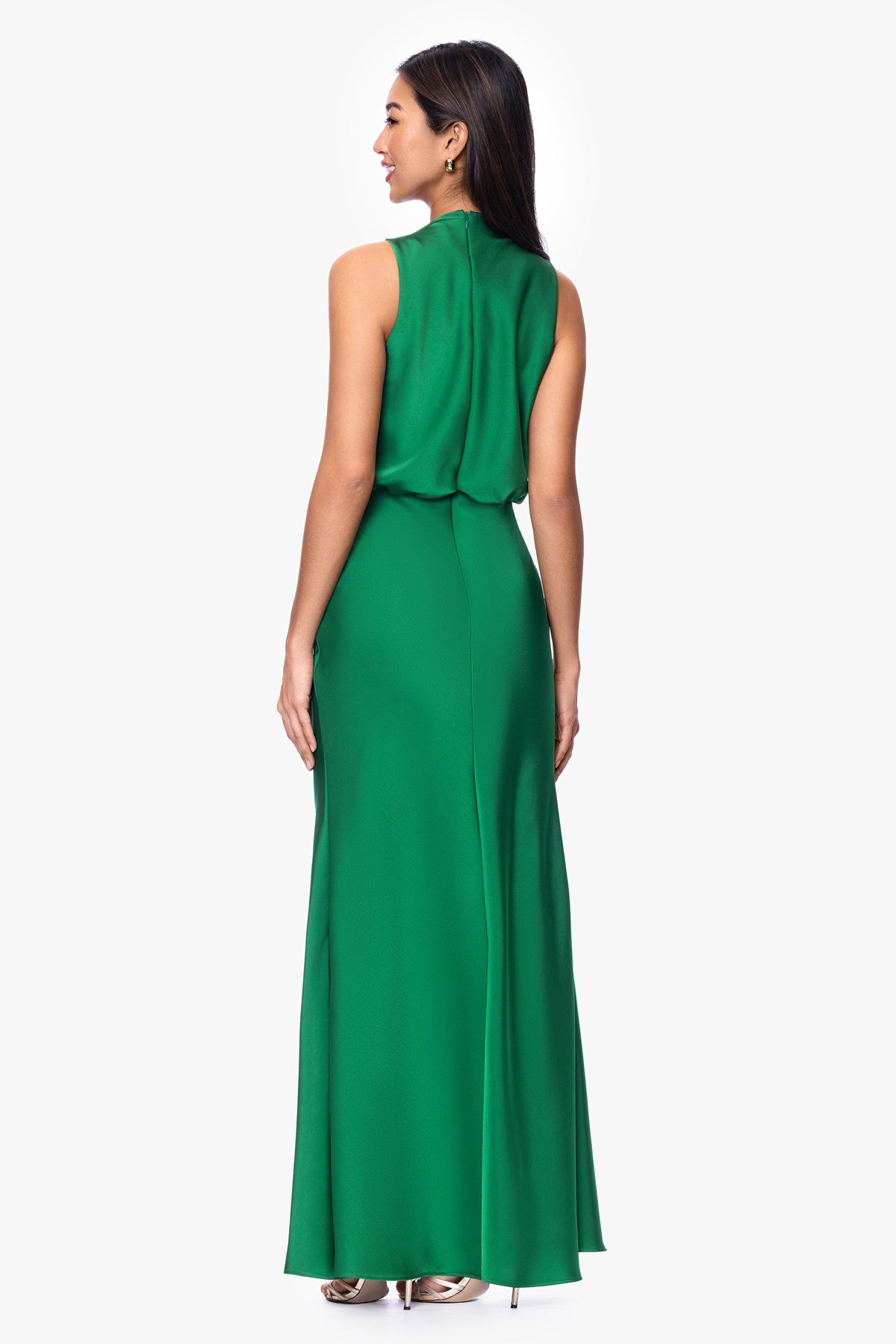 Betsy & Adam "Colette" Satin Ruched Trim Dress - Emerald