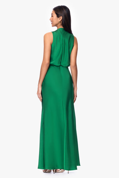 Betsy & Adam "Colette" Satin Ruched Trim Dress - Emerald