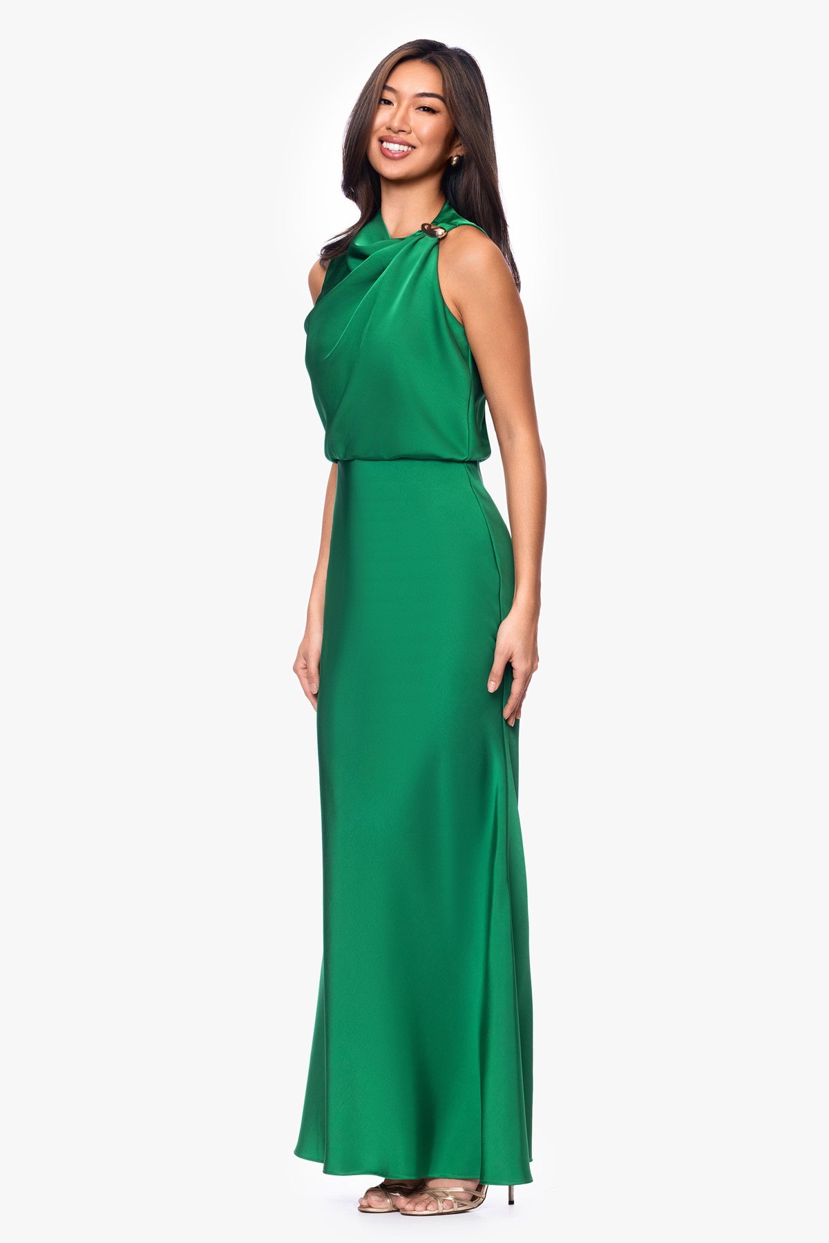 Betsy & Adam "Colette" Satin Ruched Trim Dress - Emerald