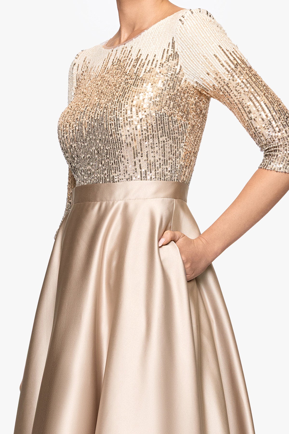 Betsy & Adam Petite "Quinn" Embellished Sequin Ballgown - Mocha