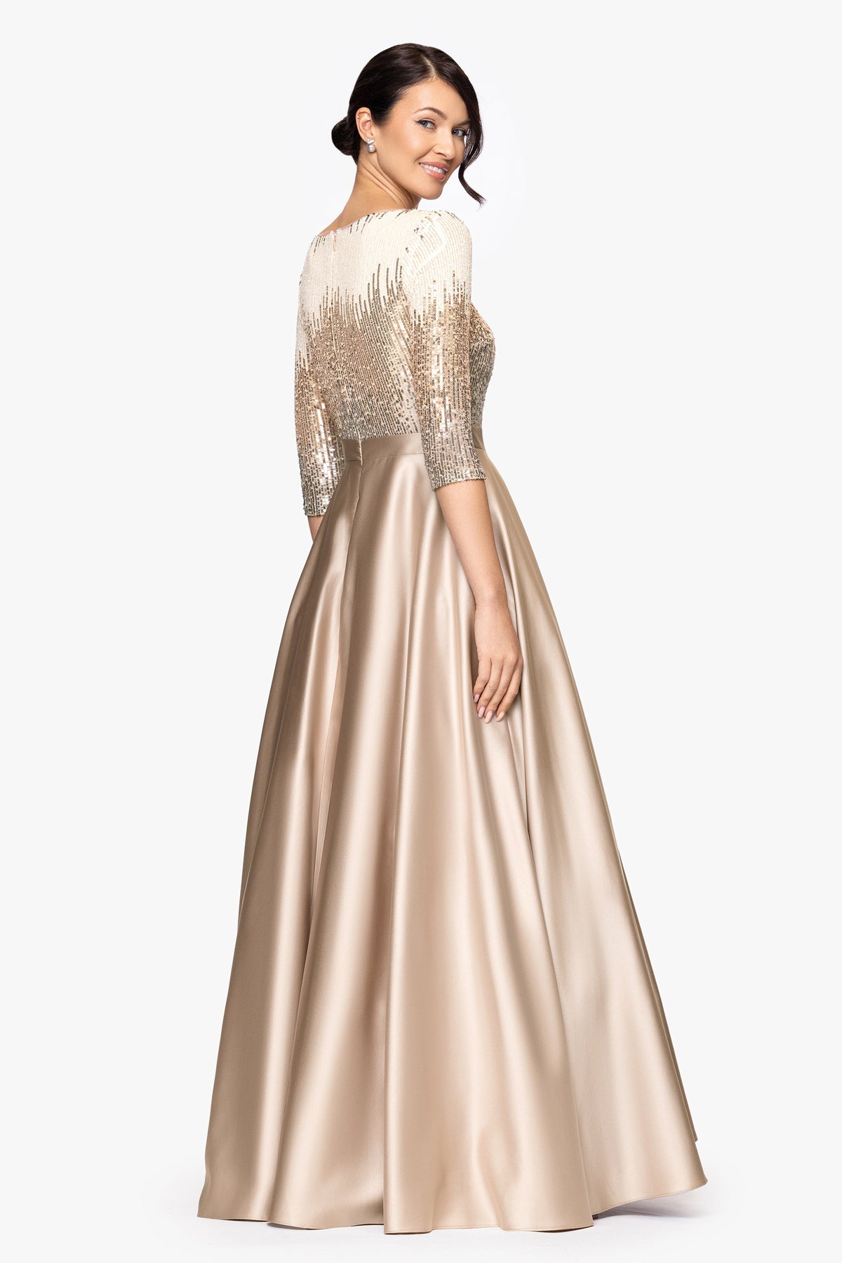 Betsy & Adam Petite "Quinn" Embellished Sequin Ballgown - Mocha