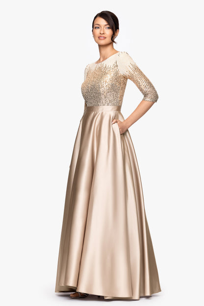Betsy & Adam Petite "Quinn" Embellished Sequin Ballgown - Mocha