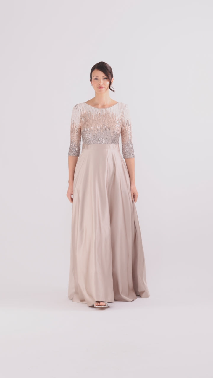 Betsy & Adam Petite "Quinn" Embellished Sequin Ballgown - Mocha