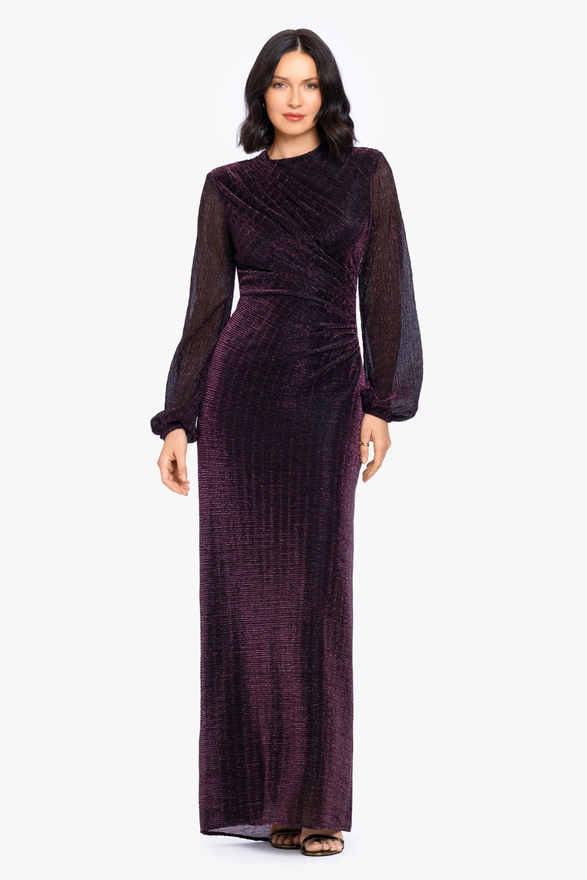 Betsy & Adam "Jayline" Metallic Long Sleeve Dress - Black/Plum