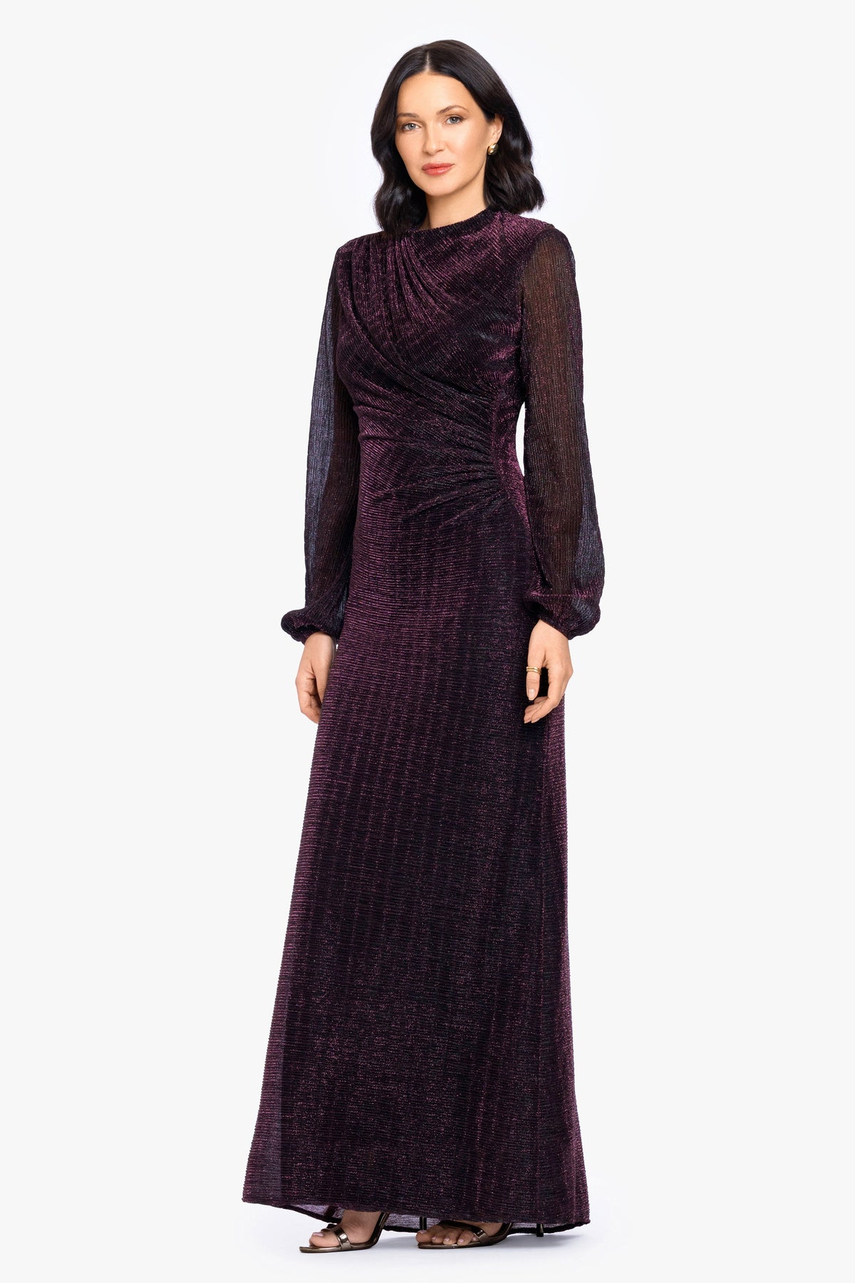 Betsy & Adam "Jayline" Metallic Long Sleeve Dress - Black/Plum