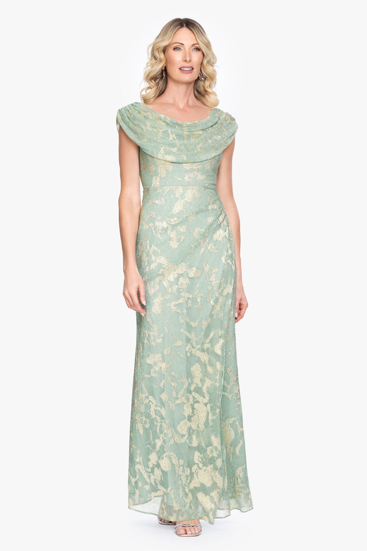 Betsy & Adam "Vivian" Metallic Drape Neck Dress - Sage/Gold