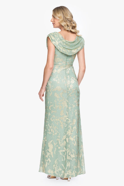 Betsy & Adam "Vivian" Metallic Drape Neck Dress - Sage/Gold
