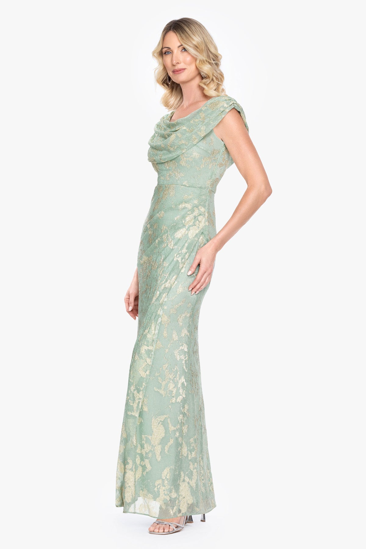 Betsy & Adam "Vivian" Metallic Drape Neck Dress - Sage/Gold