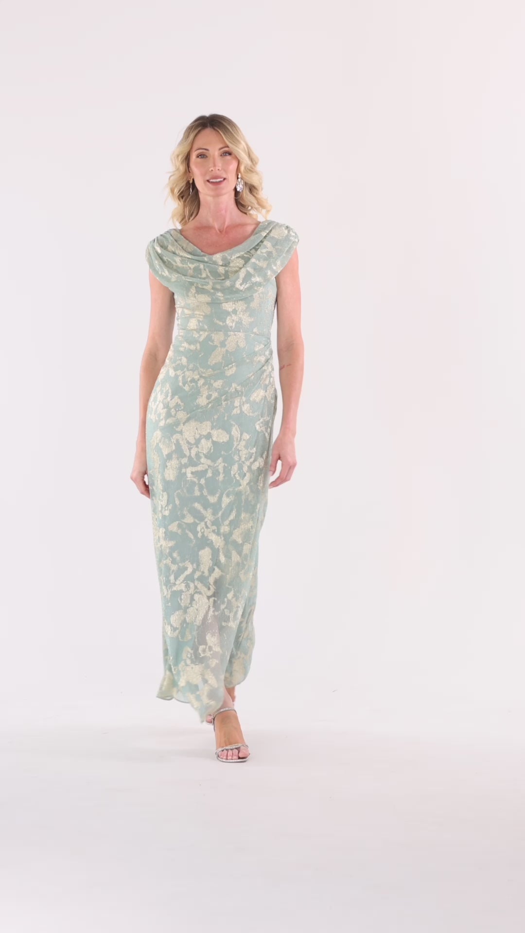 Betsy & Adam "Vivian" Metallic Drape Neck Dress - Sage/Gold