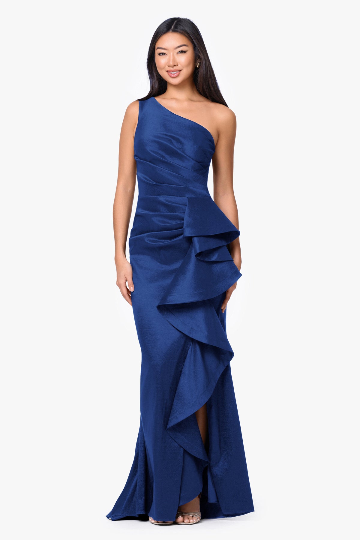 Betsy & Adam "Evangeline" Taffeta One Shoulder Dress - Royal