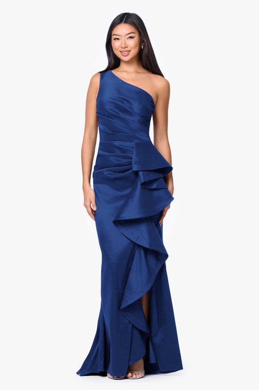 Betsy & Adam "Evangeline" Taffeta One Shoulder Dress - Royal
