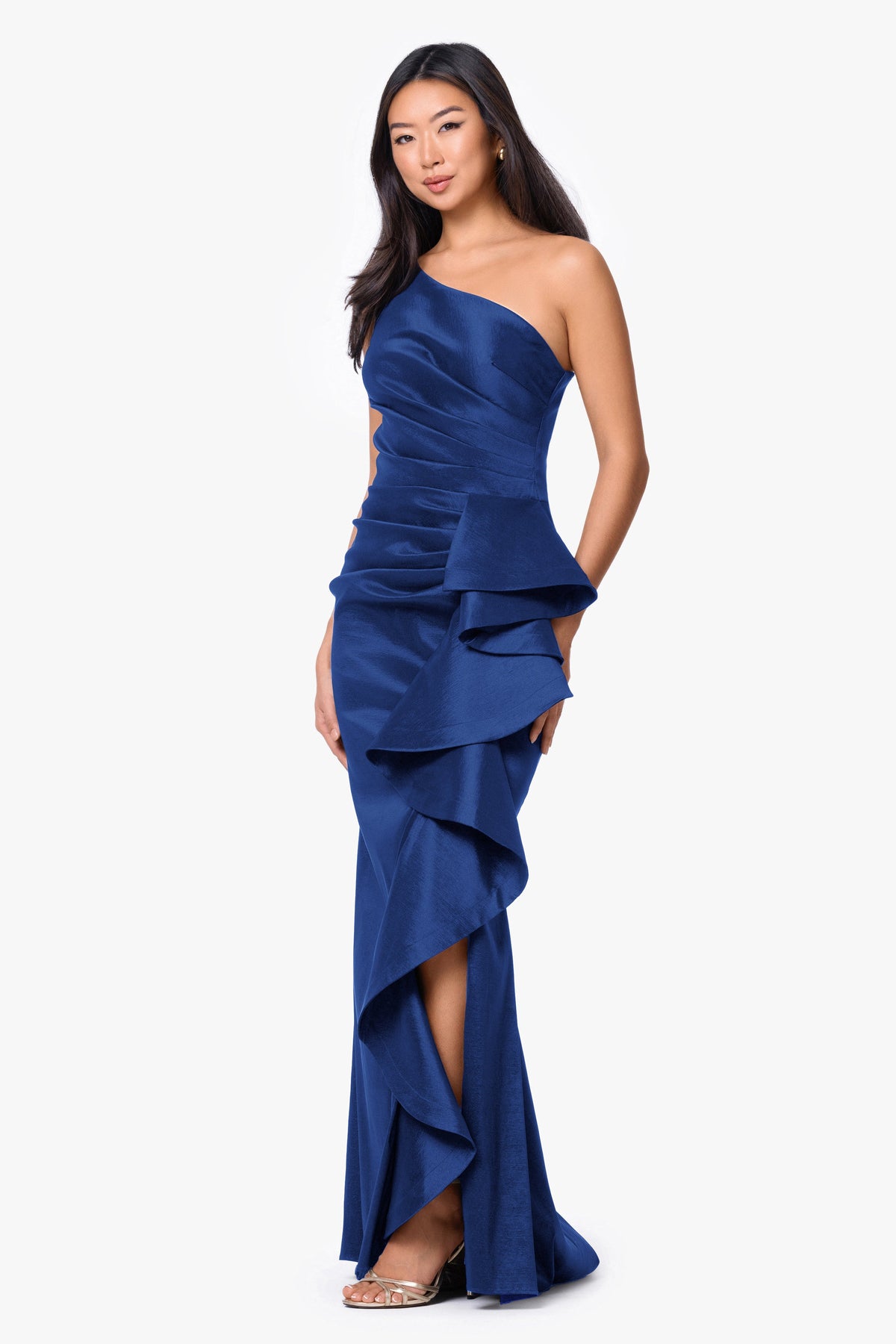 Betsy & Adam "Evangeline" Taffeta One Shoulder Dress - Royal
